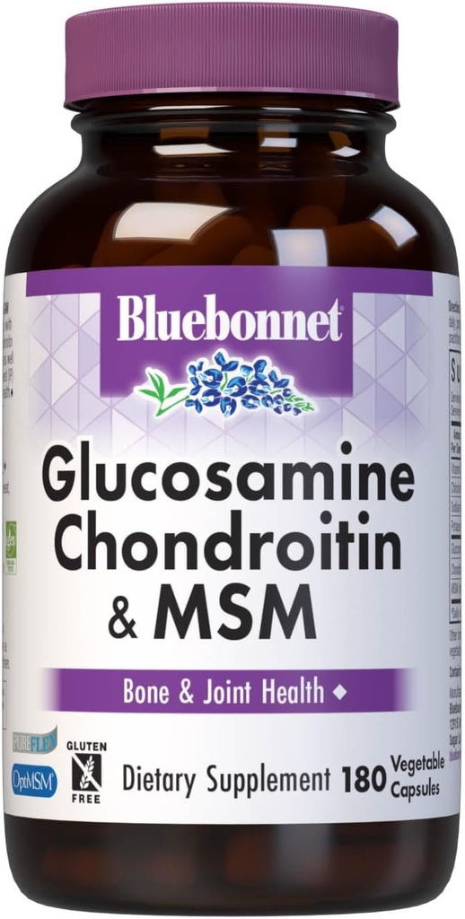 Bluebonnet mityba Gliukozaminas Chondroitinas Plus MSM, gliukozaminas, Chondroitinas Sulfatas, Vitaminas C & OptiMSM, Kaulų & Bendra Sveikata, Ne GMO, Gluten Free, Soja Free, Pienas Nemokamas, 180 Daržovių kapsulės