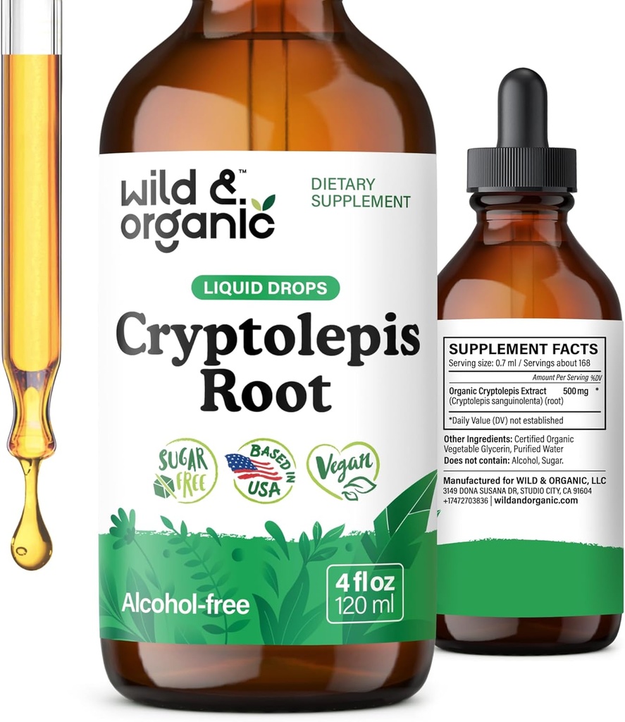Wild & Organic Cryptolepis Tincture - Herbal Drops for Detox & Immune Support - 2-Month Supply - Liquid Cryptolepis Root Extract Drops - Vegan, Sugar & Alcohol-Free - 4 fl oz