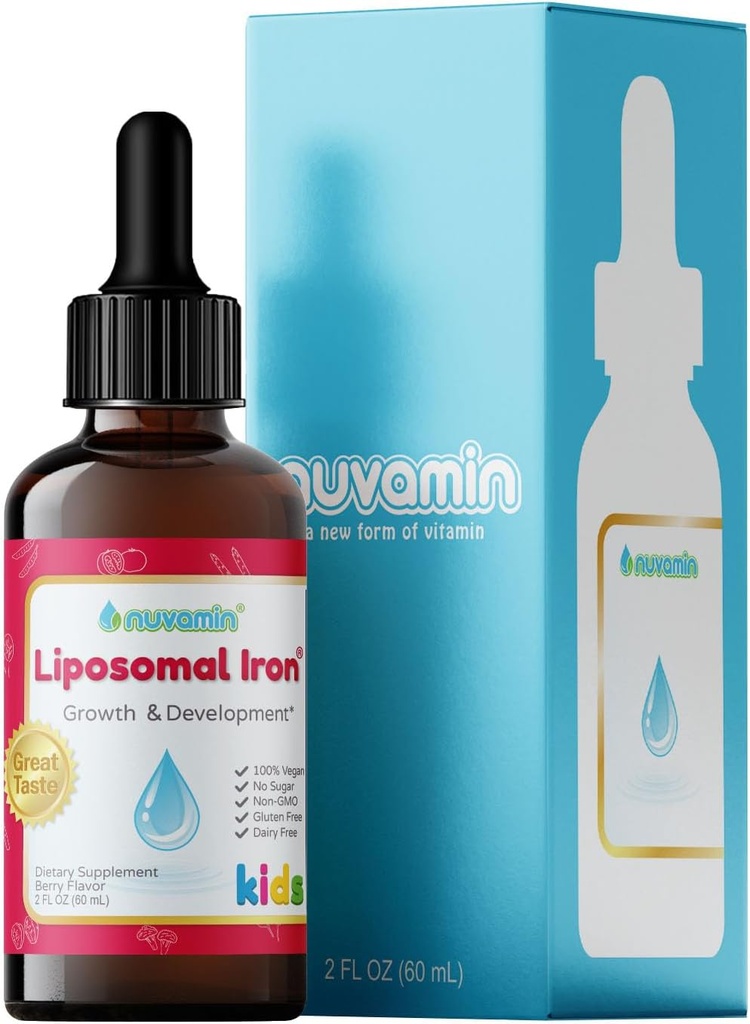 Nuvamin - skysti Liposominis geležies lašai kūdikiams, Toddlers, Vaikai, & Teens, 2Fl.Oz (60ml), 120 Kasdien Tarnavimas. Puikus skonis - Natūralus - Veganas - Nėra metalo skonio, Berry Sfeor