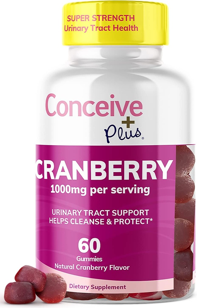 CONCEIVE PLUS Spanguolių guminės - 1000mg stiprumo spanguolių guminiai vitaminai, šlapimo sveikata, 60 gumbų skaičius, 30 dienų tiekimo