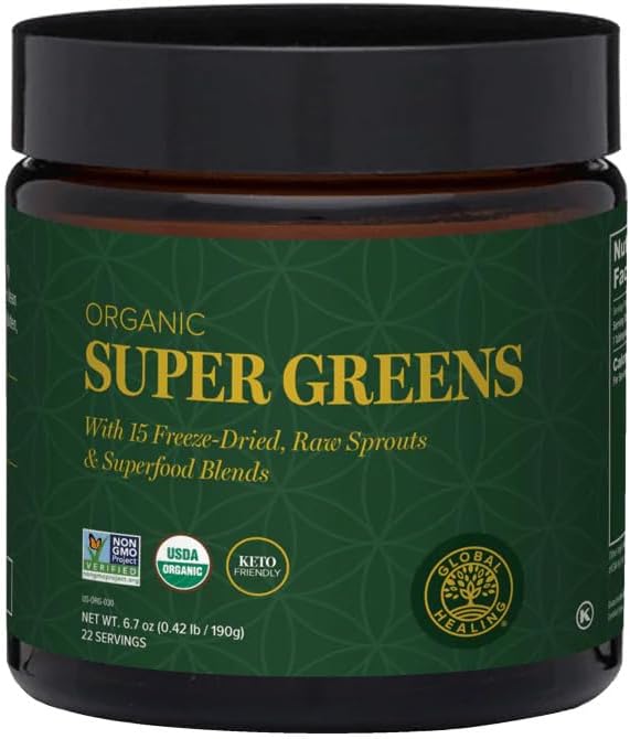 Global Healing Organic Super Greens Powder Blend - Greens Superfood Powder with 15 Raw Whole Sprouts - Delicious Green Juice Smoothie Mix for Daily Nutrition - Non-GMO, Gluten-Free Greens Supplements
