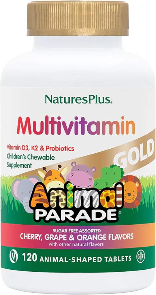 NaturesPlus Animal Parade Gold Children's Multivitamin - Assorted Cherry, Orange & Grape Flavors - 120 Animal-Shaped Chewable Tablets, Pack of 3 - Vegan, Gluten Free - 180 Total Servings