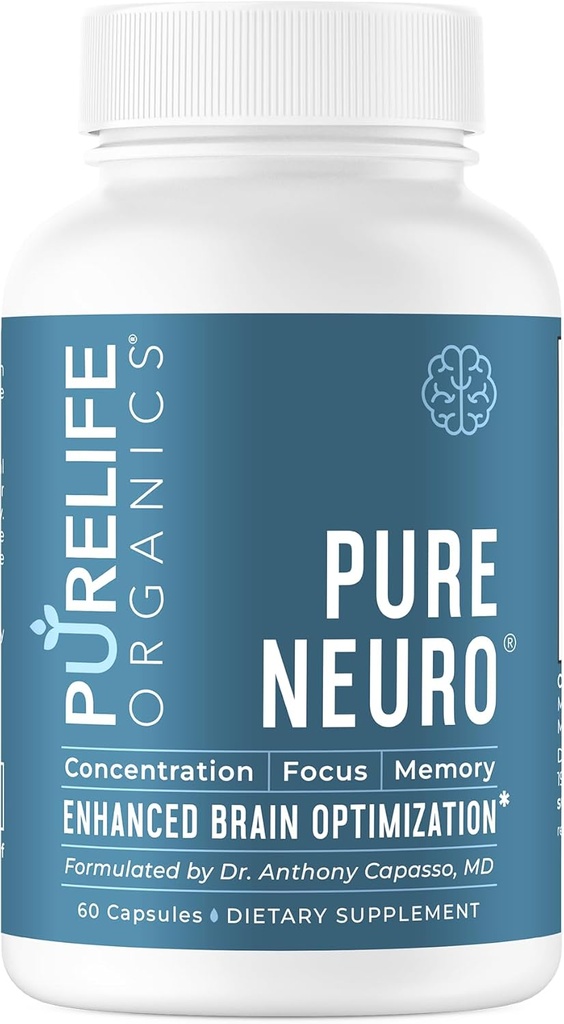 PureLife Organics Pure Neuro - Papildymas siekiant pašalinti smegenų fog, Atminties parama & Focus didinimo - 30 Dienos tiekimas - 60 Vegan & Nemokama Kapsules - Gydytojas suformuluota smegenų sveikatos parama