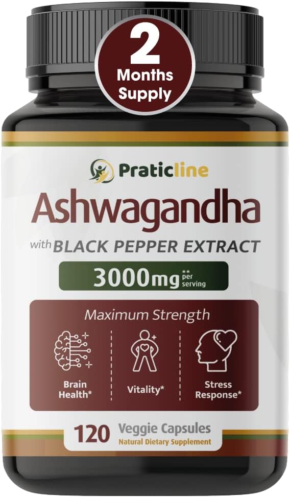 Ashwagandha Capsules 3,000 mg - 120 Vegan Cap Pagamintas su organinėmis Ashwagandha miltelių ir šaknų ekstraktas. Gluten Free. Pagaminta JAV