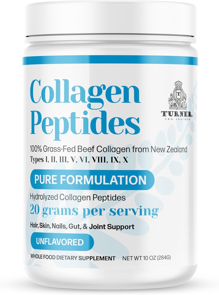 TURNER Collagen Peptides Powder Pure Formulation, 100% Grass-Fed Beef Bone Collagen from New Zealand, Unflavored, 10 oz