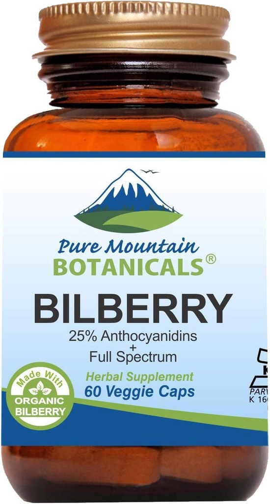 Pure Mountain Botanicals Bilberry ekstraktas priedas Vegan Kosher Capsules su 250mg Organic Bilberry Leaf & 50mg Galmand Extract of Billberry