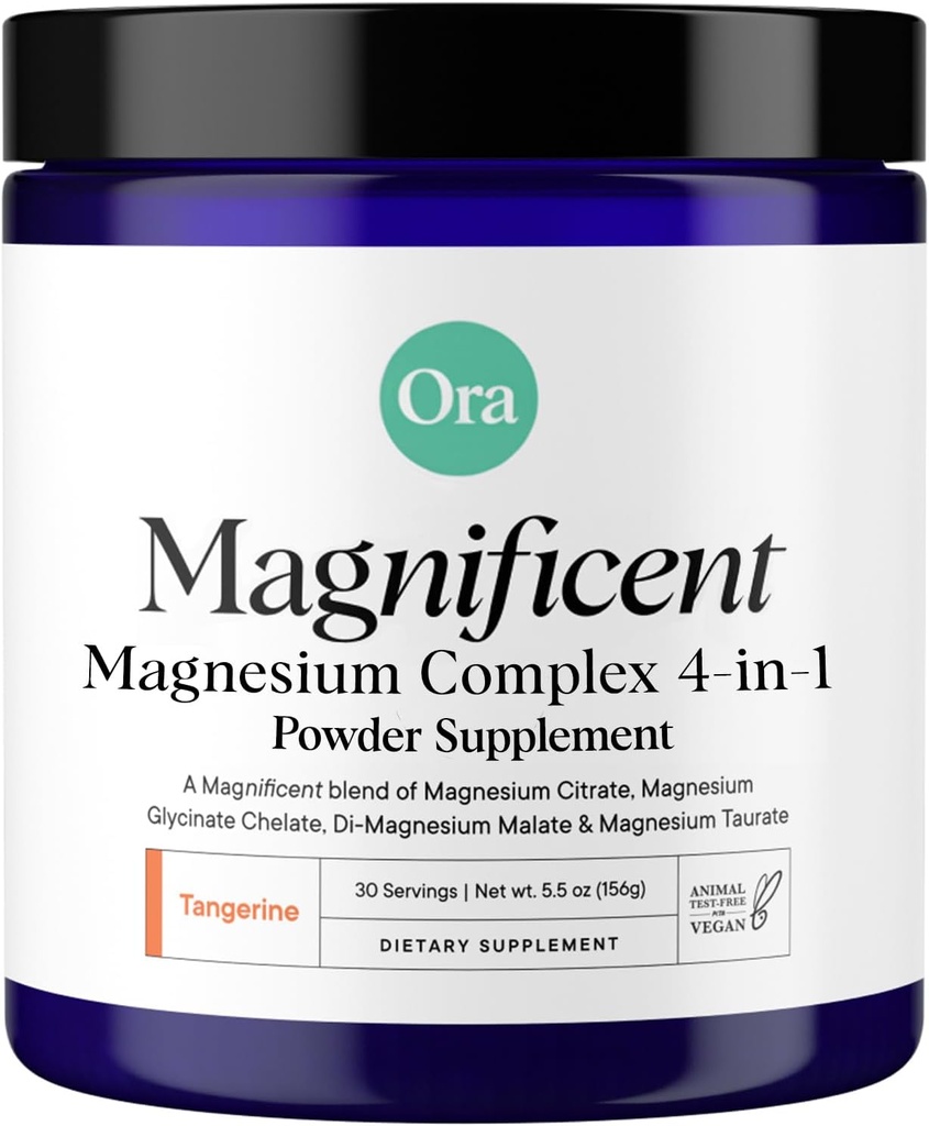 Ora Organic Magnis kompleksas miltelių papildas - 4-in-1 Magnis: Glycinate, Taurate, Malate & Citrate ® 124; Vegan, Gluten- Free ® 124; Tangerine Flavor ® 124; Calm Support for Miego, Stress & Muscles ® 124; 30 Tarnavimas