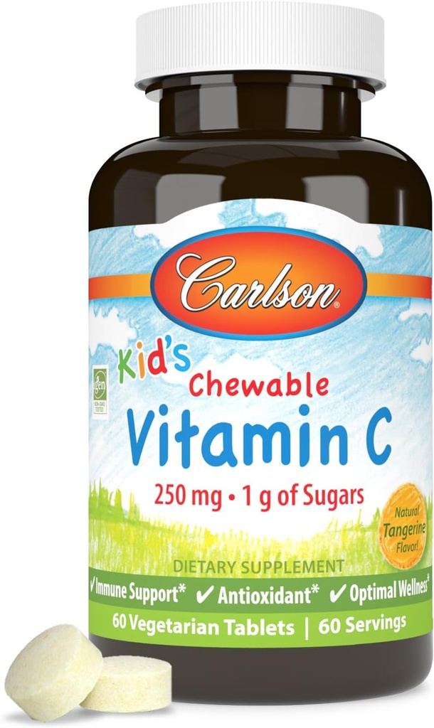 Carlson - Kid Chewable Vitaminas C, 250 mg, 1 g Sugars, Immune Support & Optimal Wellness, Antioksidantas, Tangerine, 60 Vegetariškų tablečių