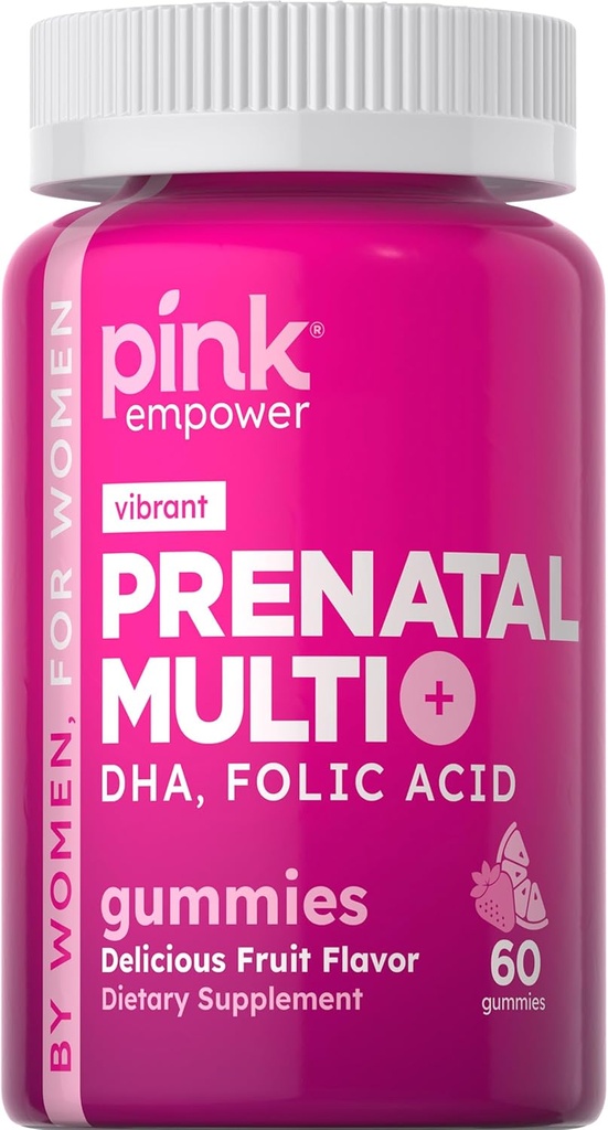 PINK Prenatal Vitaminai ® 124; 60 Gummies su DHA ir folio rūgšties ® 124; Non- GMO & Gluten Free Multivitaminas ® 124; vaisių skonio