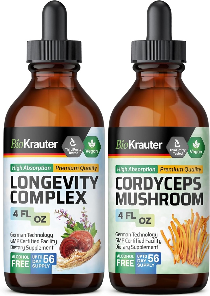 BIO KRAUTER Ilgesnės trukmės grybų tirštinimas 4 Fl. Oz. & Cordyceps Mushroom tinktūra 4 Fl. Oz.