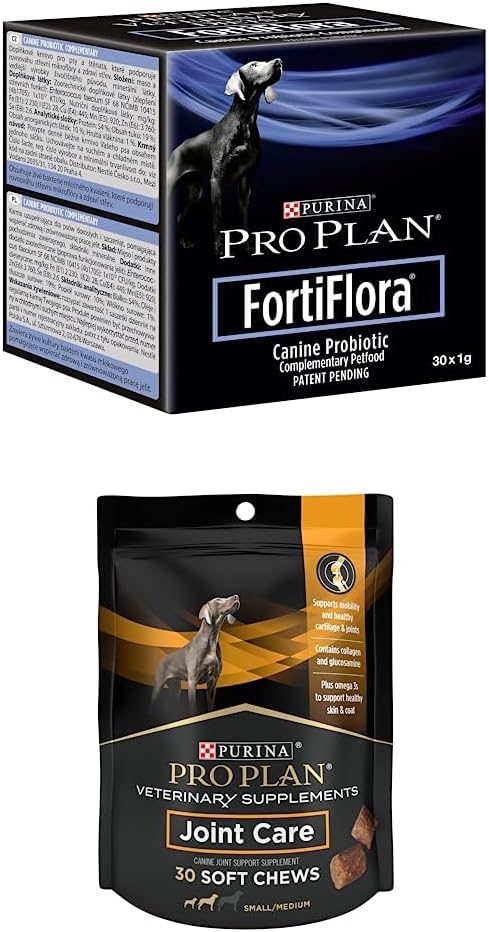 Perina Pro plano šurmulys Veterinarijos papildai FortiFlora šuo Probiotinis papildas - 30 ct. Dėžutės + Purina Pro planas Veterinarijos papildai Bendra priežiūra mažų veislių šunims Hip ir bendras 30ct