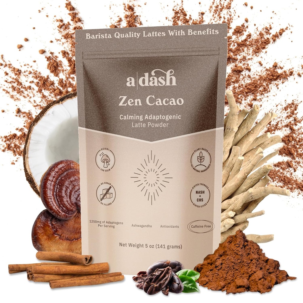 A Dash Zen Cacao Latte, Šokoladinis grybų kavos Alternatyvus pagamintas su Adaptogenais, Ashwagandha, & Cinnamon šaknų ekstraktas, Grybų Hot Coco be kofeino (20 Paslaugos)