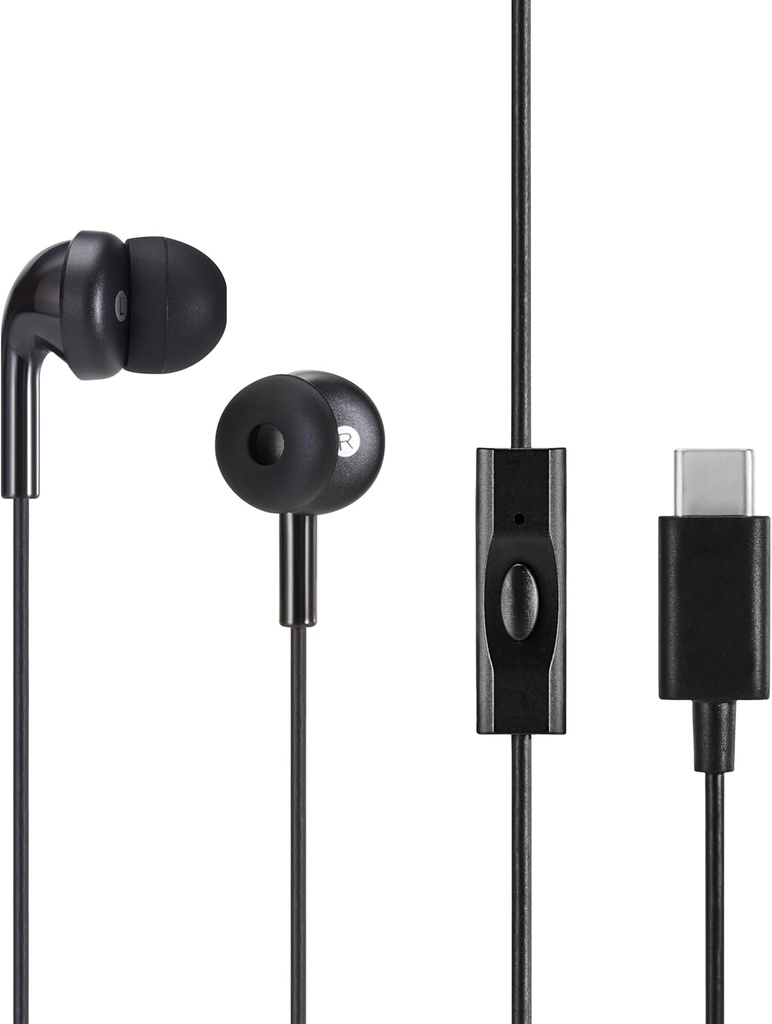 Amazon pagrindai Wired Earbuds su mikrofonu, Ausų ausinės, USB- C, 4.2 pėdų ilgio kabelis, S / M / L Ausų Patarimai, Vienas dydis, Juoda