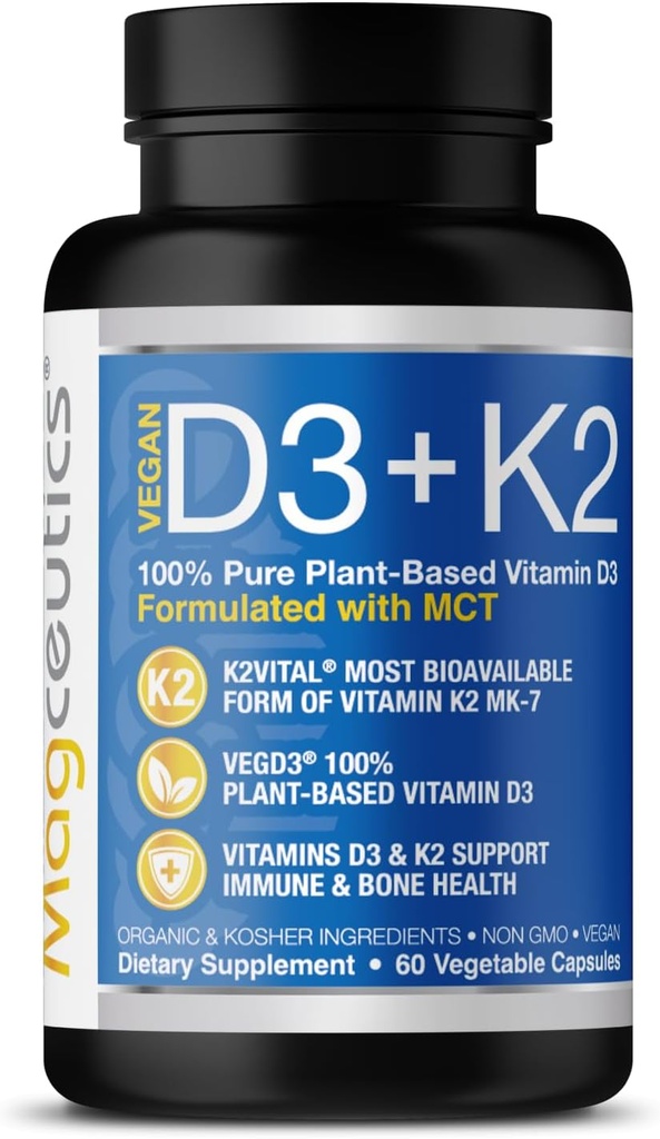 Vitamin D3 K2 with MCT, 5000 IU Vegan D3 & 100 mcg MK7 K2, Support Strong Bones and Immune Health - 60 Capsules (60 Days Supply)