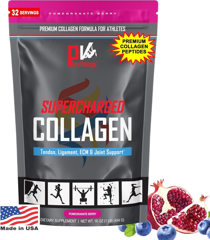 PhysiVantage Supercharged Collagen Peptides milteliai - hidrolizuotas Collagen bendras, Tendon, Ligart, & Odos sveikatingumo parama - Pomgranatas, Keto, Paleo, 16oz Bendrijoje 124; sustiprintas vitamino C, BCAA, Grass- Fed