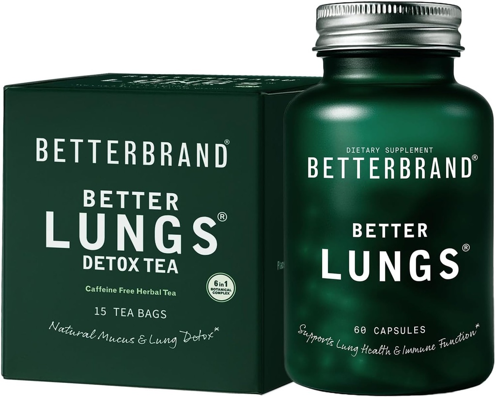 Betterbrand Better Lungs Health Pack - BetterLungs & BetterLungs Detox Tea Bundle - Daily Resporatory Health Supplement - 15X Herbal Tea Bags + 60 Capsules