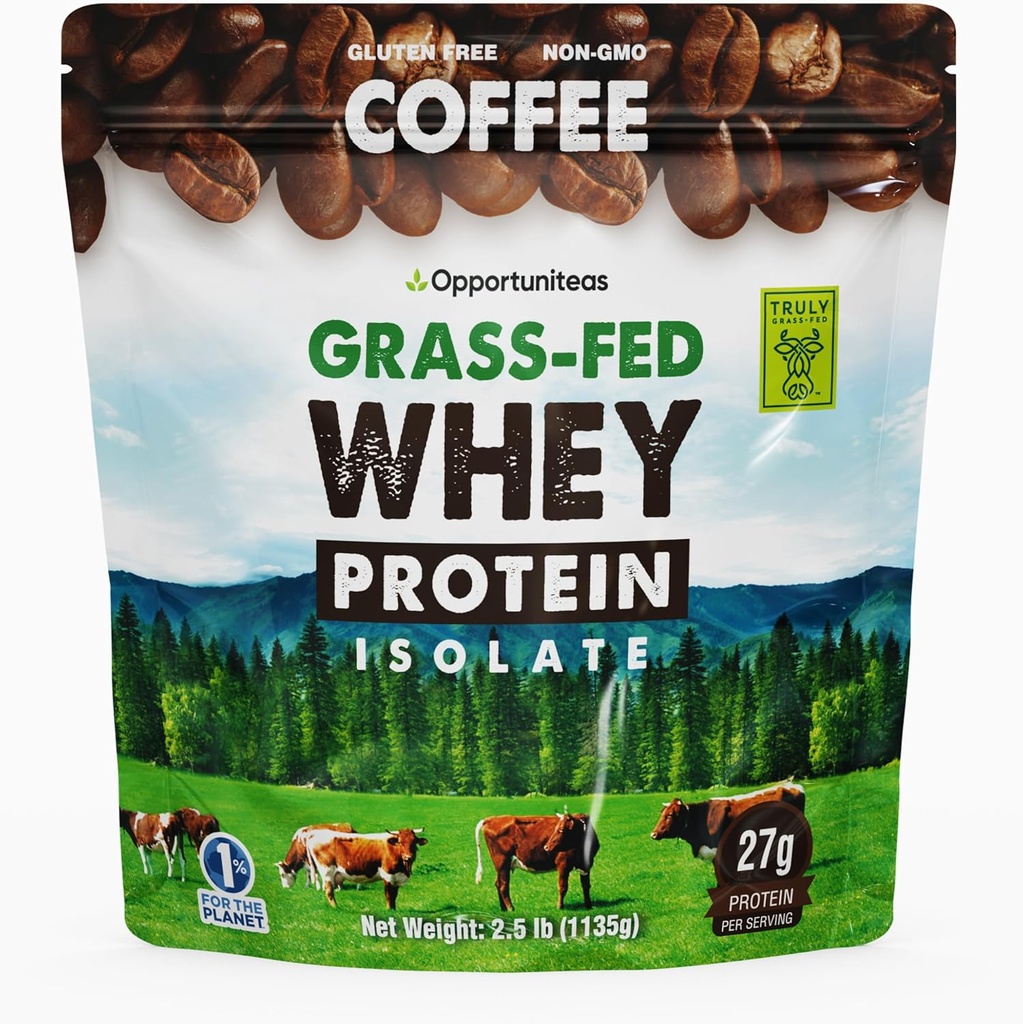 Oportuniteas Grass Fed Coffee Išrūgų baltymų Izoliuoti milteliai - 27g baltymų milteliai be dirbtinių saldiklių, be hormonų, ne GMO - 2.5lb