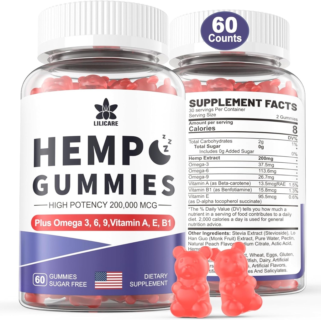 HempTotal Hemp Gummies 200mg, High Popotency Vegan Hemp Oil with Omega 3 6 9, Vitaminas A ® E & B1, Zero Cukraus, 60 Gummies, 30 Paslaugos