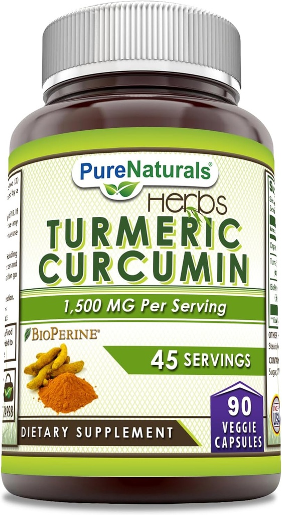 Pure Naturals Termerinis Curcumin su Bioperine 2250 mg per servicing Addicator 124; Veggie Capsules Ş124; Non- GMO Ş124; Gluten Free Ş124; Pagaminta JAV (1 pakuotė, 90 skaičius)
