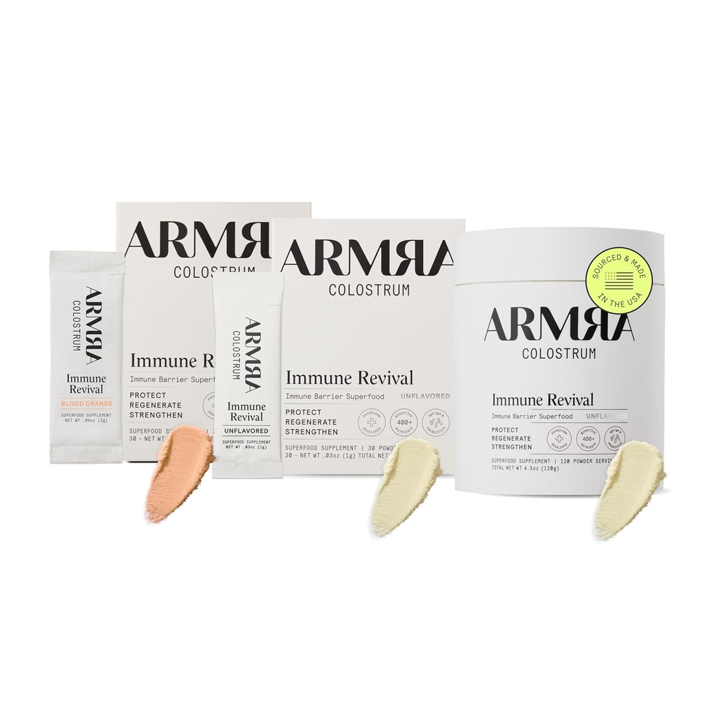 ARMRA Colostrum ™ Premium milteliai, žolė Fed, gut Health Bloating Immunity Skin & Plaukų, Sudėtyje yra 400 + Bioactive Nutrients, Keto, gluten & Riebalai (Kraujo apelsinų, unflavored Bandl 124; 180 Servings)
