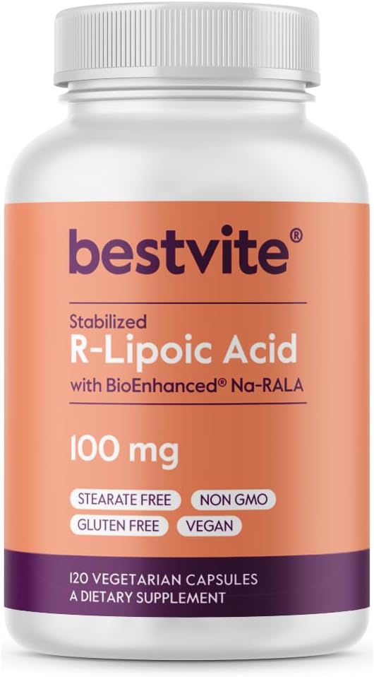 BESTVITE R- Lipoic Acid 100 mg, stabilizuota Bio- Enhanced ® Na- RLA (120 vegetariškų kapsulių) No Stearates - No Flow Agents - Vegan - Non- GMO - Gluten Free