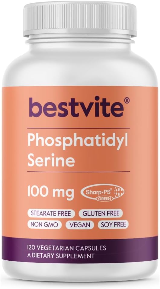 BESTVITE fosfatidilserinas 100 mg vienoje kapsulėje (120 vegetariškų kapsulių) su raudonąja - PS ® Green - patentuota ir kliniškai išbandyta - Stearate Free - Soja Free - Gluten Free - Vegan - Non GMO