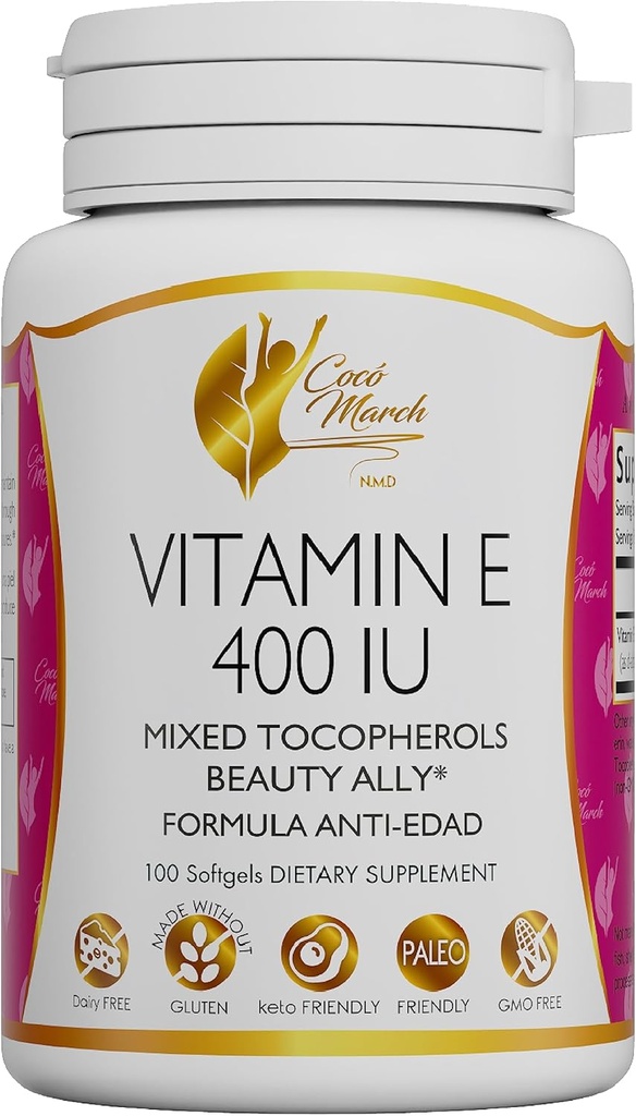 Cocó Kovas N.M.D Natūralus vitaminas E 400 IU - Mišrus tokoferoliai, Grožis Ally, 3 Mėnesio tiekimas - Gluten Free, Paleo Friendly, Pieno nemokamai, Keto Friendly, GMO Free, 100 Softgels