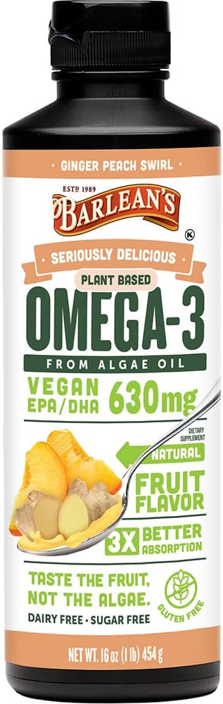 Barlean 's Ginger Peach Vegan Omega 3 priedas, skystas Algae aliejus su 630 mg EPA & DHA, Augalų Omegas iš Algal aliejus, Non- GMO & Gluten Free, 16 oz