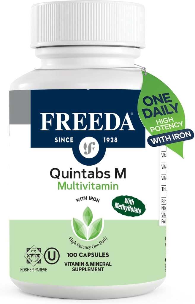 FREEDA Multivitamin – Quintabs-M with Iron – Kosher Multi Vitamins Supplements for Women Health - Multivitamins for Women & Iron-Deficient Men Adult Vitamins Multivitamin (100)