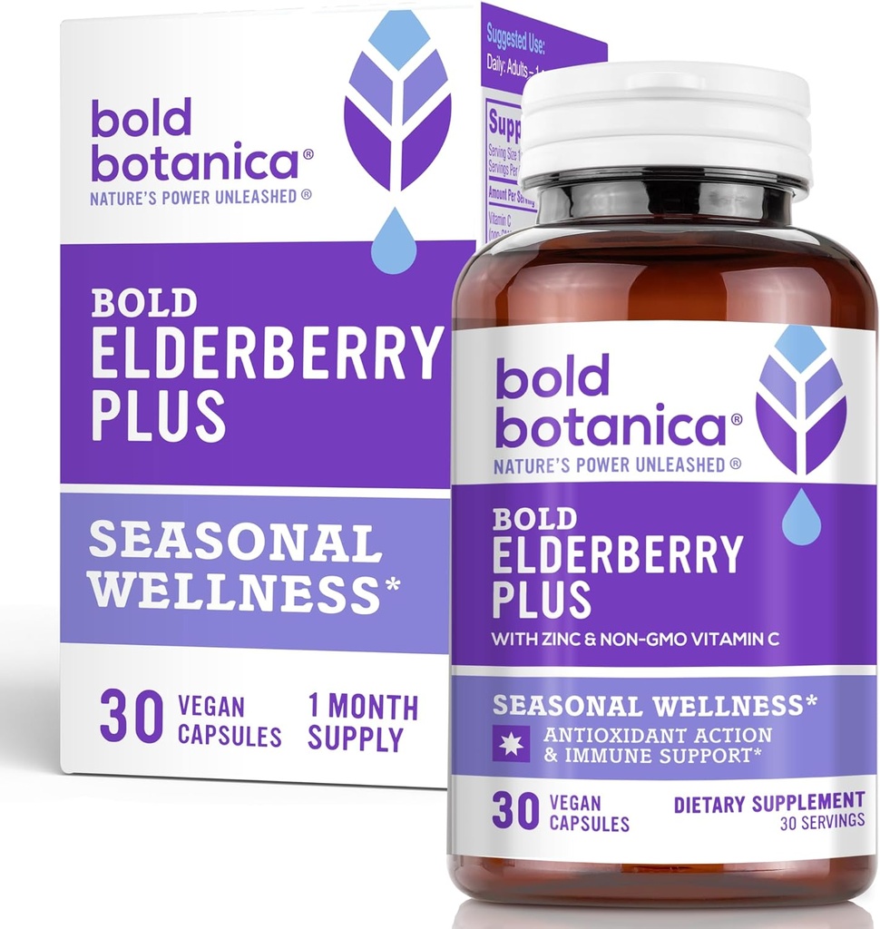 Bold Botanica Elderberry Plus - 65x Concentrated Black Elderberry Extract with Zinc & Vitamin C for Daily Immune Support & Seasonal Wellness - Non-GMO, 30 Vegan Capsules