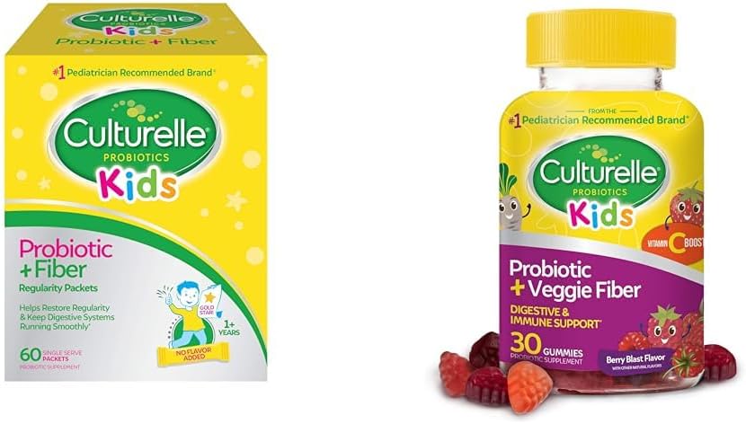 Culturelle Kids Probiotic + Fiber Packets (Age 3 +) - 60 Count & Daily Probiotic vaikams + Veggie Fiber Gummies (Age 3 +) - 30 Count - Digistive Health & Immune Support Berry Sfeor su vitaminu C