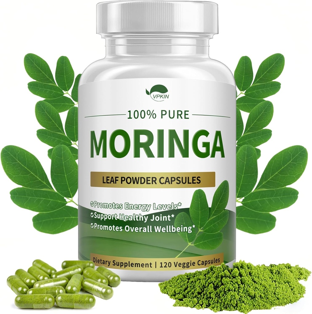 Organinės Moringa miltelių kapsulės, Pure Moringa Oleifera lapų kapsulės 1000mg, Moringa priedas energetikai, imunitetui ir sąnarių sveikatai, Vegan ir Non- GMO, 120 kapsulių