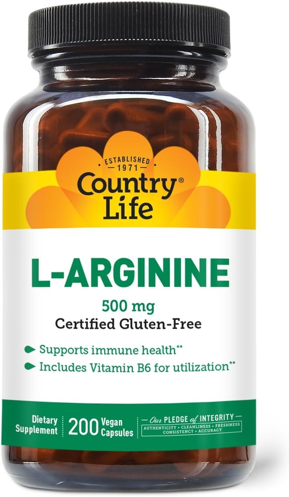 Country Life L- Arginino kapsulės su vitaminu B- 6, 500mg, 200 Vegan kapsulės, Sertifikuotas Gluten Free, Sertifikuotas Vegan
