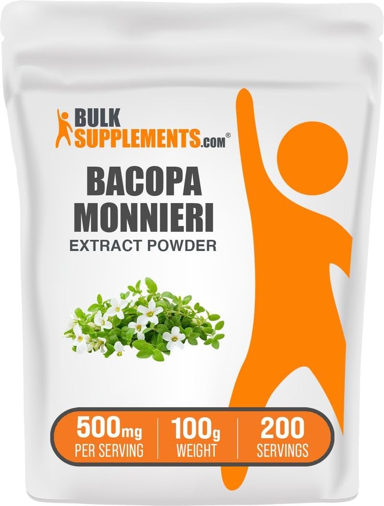 BulkSupplemen.com Bacopa ekstraktas Milteliai - Bacopa Monnieri papildas, žolinis priedas - Vegan & Gluten Free, 500mg per Serving, 100g (3,5 oz) (pakuotė 1)