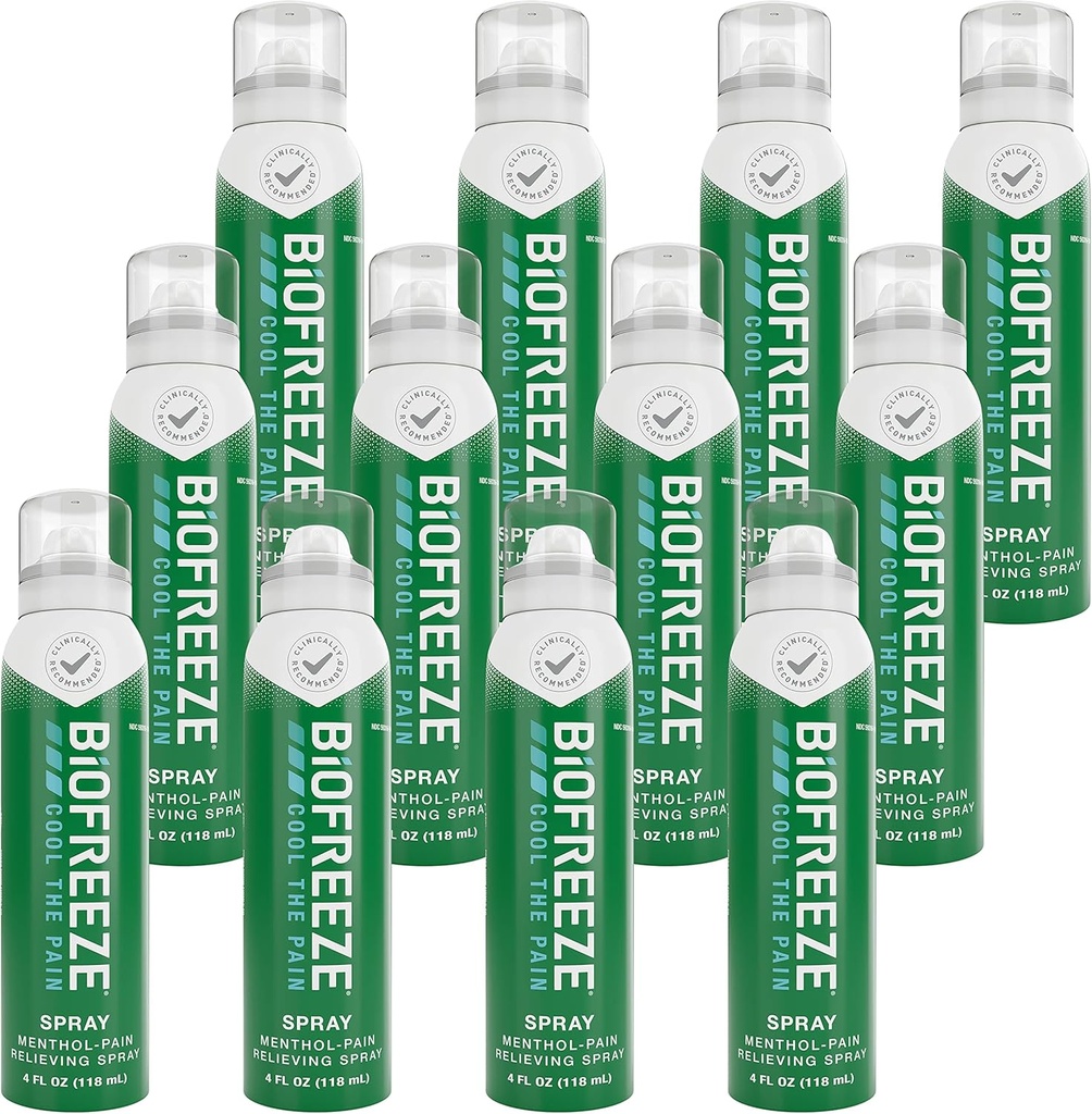 Biofreeze Menthol Skausmas atpalaiduojantis purkštuvas 4 FL OZ Colorless Aerosol Spray (Pack of 12) už skausmo malšinimo susijęs su Sore muscles, Artritas, Paprasta nugaros, ir bendras skausmas (Pakavimo gegužės Vary)