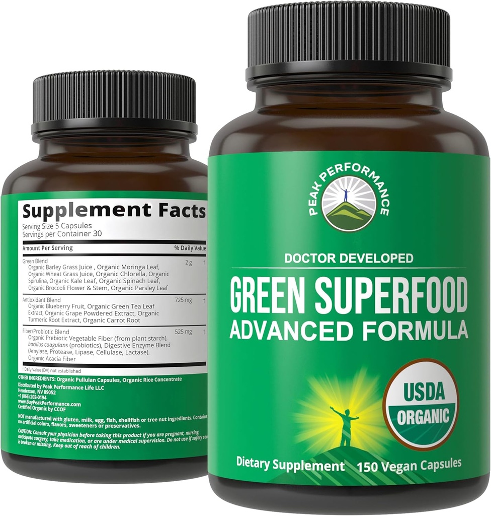 Organiniai Super Žalieji 150 Capsules - Žaliųjų sulčių supermaisto papildas su 25 Visos natūralios organinės sudedamosios dalys. Max Energy and Detox Super Food Pills with Spirulina, Špinatai, Kale, Turmerija, Probiotikai