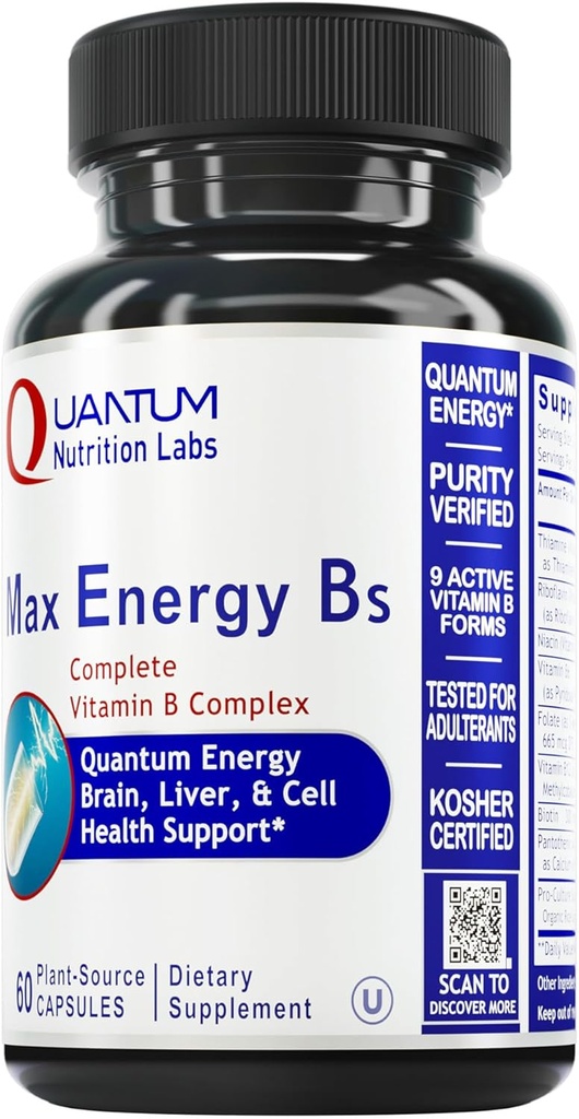 Quantum Nutrition Labs Max Energy Bs - Vitaminas B kompleksas, Metilintas B kompleksas Vitaminai su vitaminu B1, B6, B12, tiaminas, folatas ir biotinas - 60 Vegetariškų kapsulių