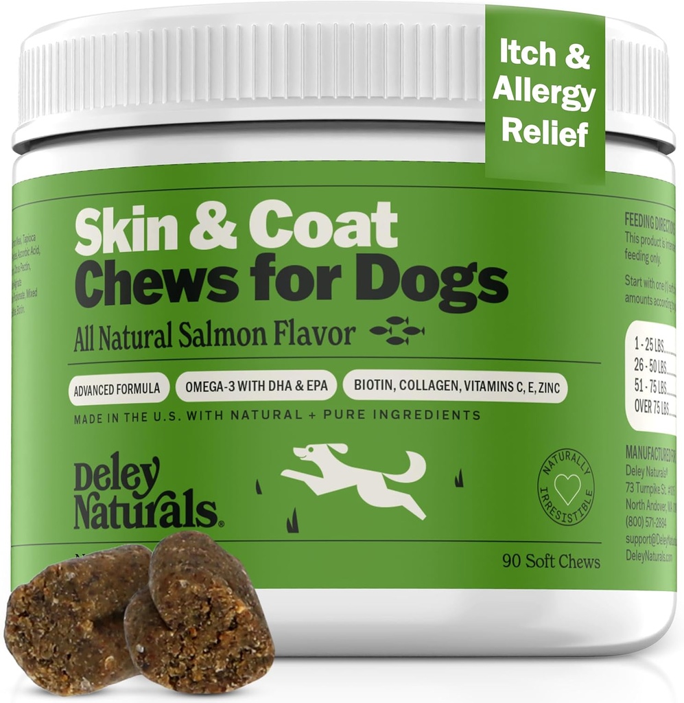 Deley Naturals Skin & Coat Chews - Šunų alergiją Chews su Omega 3 Žuvies aliejus, Biotinas, Collagen ir Eteriniai vitaminai - Šuo Niežėjimas odos paramos, mažina sausmę ir sveiką Coat - Pagaminta JAV