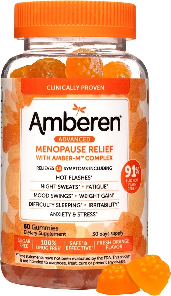 Amberen Menopauzės papildai moterims, Multi- Simptomai Religija, Vitaminas E & Unikalus Amberen Kompostas, Padeda remti Hormonų balansas, Karšti mirksi & Naktinis prakaitavimas, Cukraus nemokamai, Oranžinė skonio, 60 Gummies