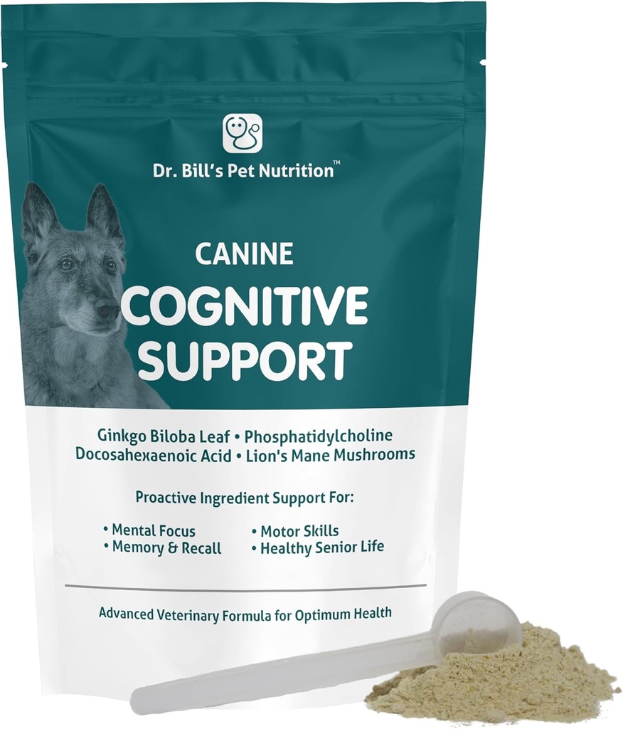 Dr. Bill 's Canine Cognitive Support ® 124; Atminties palaikymo priedas Multivitaminas šunims ® 124; Sudėtyje yra Gingko Biloba, L-Carnozine, Vitaminas B- 12, L- glutaminas, L- tirozinas, ir DHA suaugusiųjų ir vyresniųjų šunų