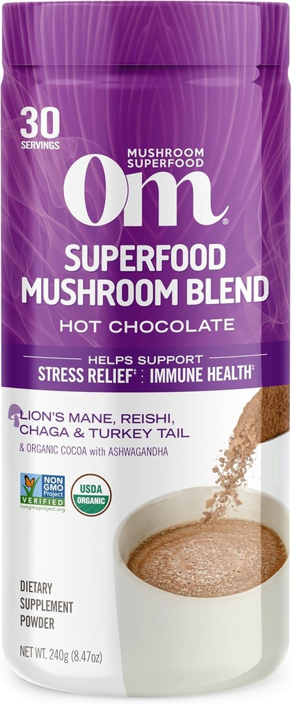 OM MUSHROOM SUPERFOOD Karšto šokolado mišiniai - Olandų kakavos su Liono manu, Reishi, Chaga & Turkija Uodega - Parama Focus, Calm & Stress Relief - 2g Cukrus, 25 Kalorijų - 8.47 oz Canister (30 Servings)