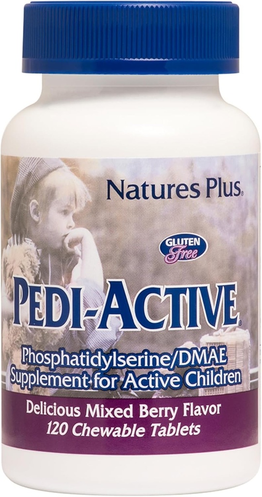 NaturesPlus Pedi- Active LECI- PS, DMAE Complex - 120 Chewable Tablets - Mišrios berry Flavor - Vaikiški Chewrens papildas, Skatina smegenų sveikatos, Focus - Vegetarian, Gluten- Free - 60 Paslaugos