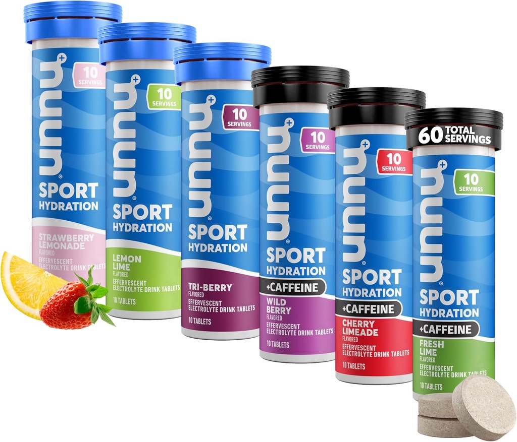 Nuun Sport + Coffeine Electrolyte Tablets - Displable in Water, Variety Pack Bendrijoje 124; 5 Eteriniai elektrolitai hidratuoti 124; 1g Cukrus geriamas sumaišytas su 124; Vegan, Non- GMO, 124; 6 Pack (60 Iš viso serverių)