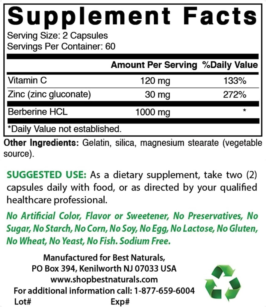 Best Naturals Berberine Plus 1000mg & Quercetin su Bromelainu