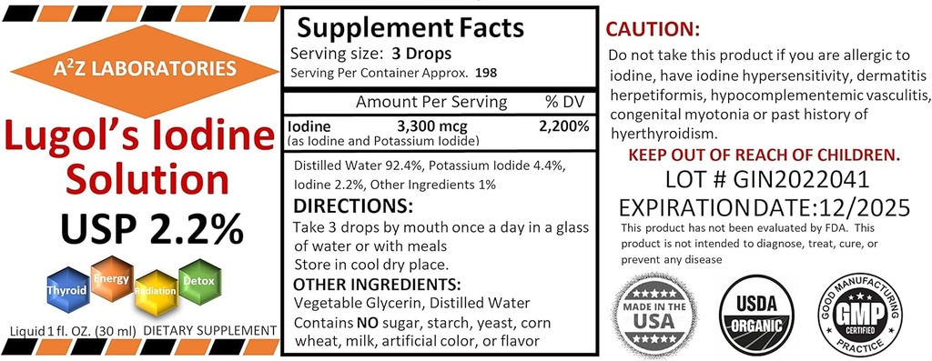 Generic A2Z Organic Lugol's Iodine and Potassium Iodide 2.0% Solution, 1 Fl Oz - Liquid Supplement Drops for Thyroid Support, Detox, Metabolism, Made in USA