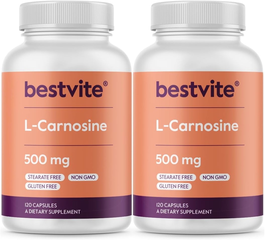 BESTVITE L- karnozinas 500mg (240 kapsulių) (120x2) No Filers - No Stearates - Non GMO - Gluten Free