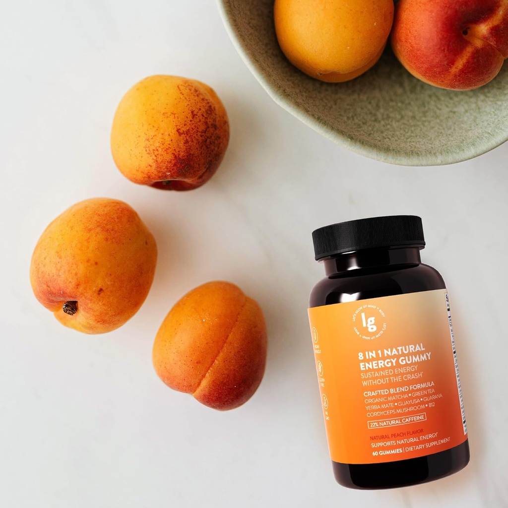 8-in-1 Natural Energy Gummies - Vitaminas B12, C, Kofeinas, Multivitaminas + Miego ir fokuso palaikymas - Vegan Energy Chews vyrams ir moterims - Persikų skonis - 60 Ct