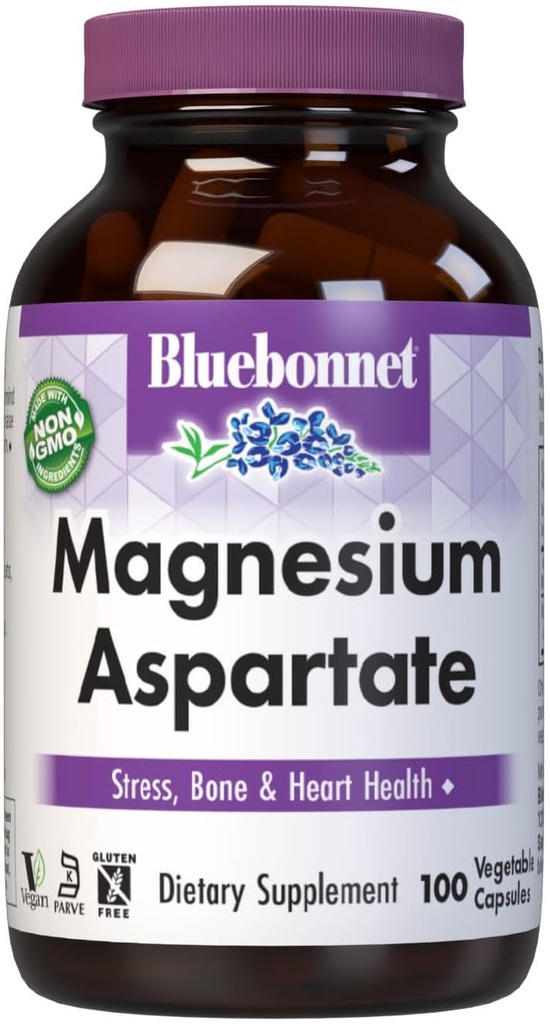 Bluebonnet mityba Magnio aspartatas, Stress Relief *, Kaulų sveikata *, Širdies sveikata *, Non- GMO, Vegan, Kosher Sertifikuotas, Nemokamas Glutenas, Sojos nemokamai, Kiaulės nemokamai, 100 Daržovių kapsulės, 50 Paslaugos