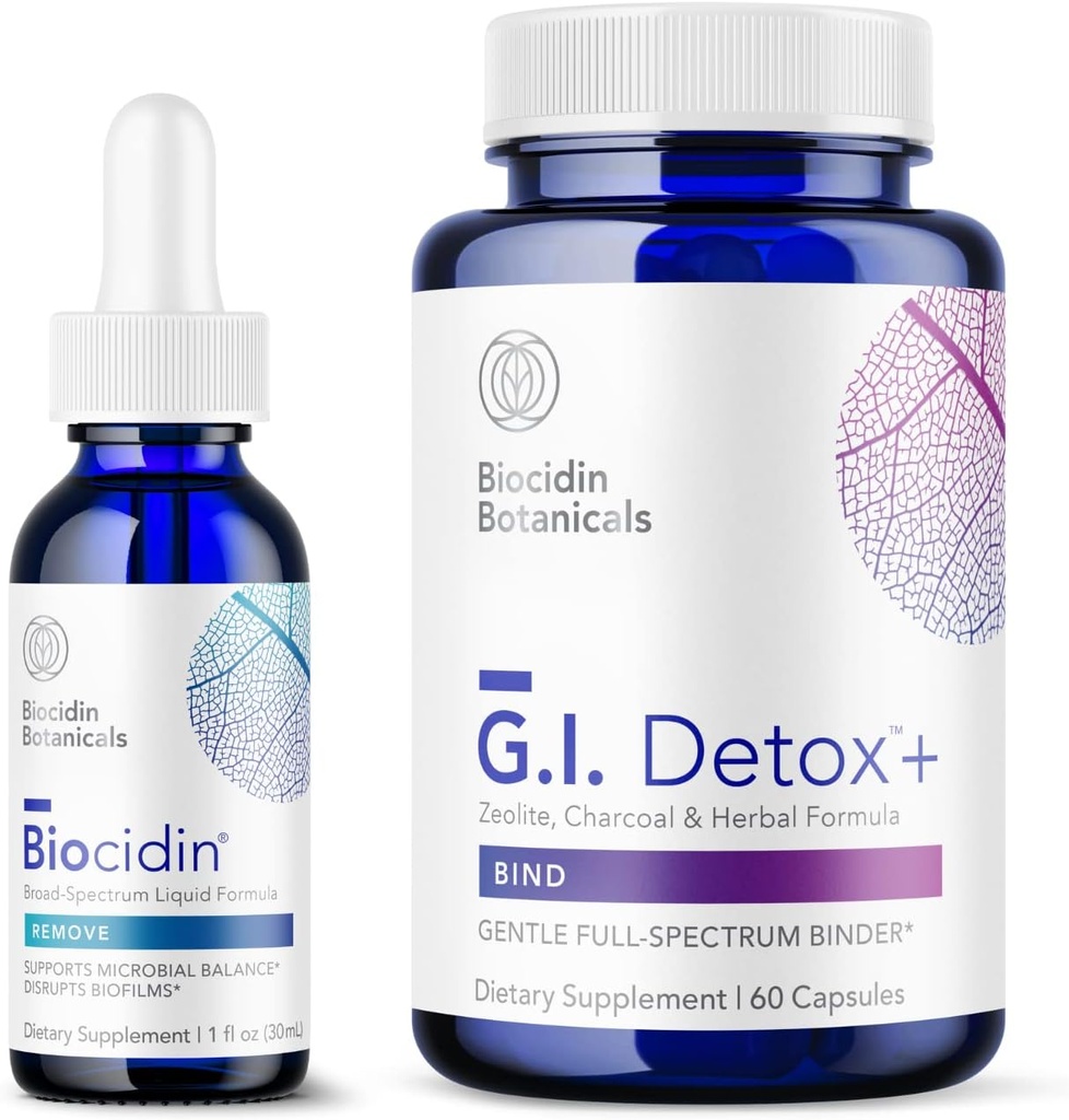 Bio- botaniniai tyrimai Biocidin Skystas Formulė (1 oz) su GI Detox + Švelnus Binder - Two-Product Detoksikacija Bundle remti Valymas & Digestion - Padeda Toxin & Biofilm šalinimas