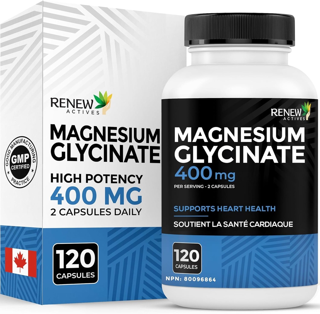 RENEW ACTIVES Magnesium Glycinate 400MG per 2 Capsules Pure Magnesium Bisglycinate for Full Body Relaxation, Sleep, Muscles, Bones & Energy - Electrolyte Balance - Made in Canada -120 Capsules